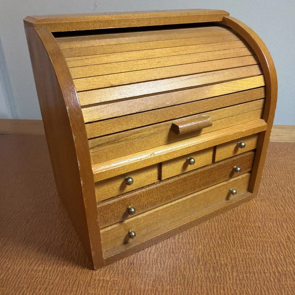 Vintage Wooden Roll Top Jewelry Box Mini Desk Organizer Drawers Made in Taiwan